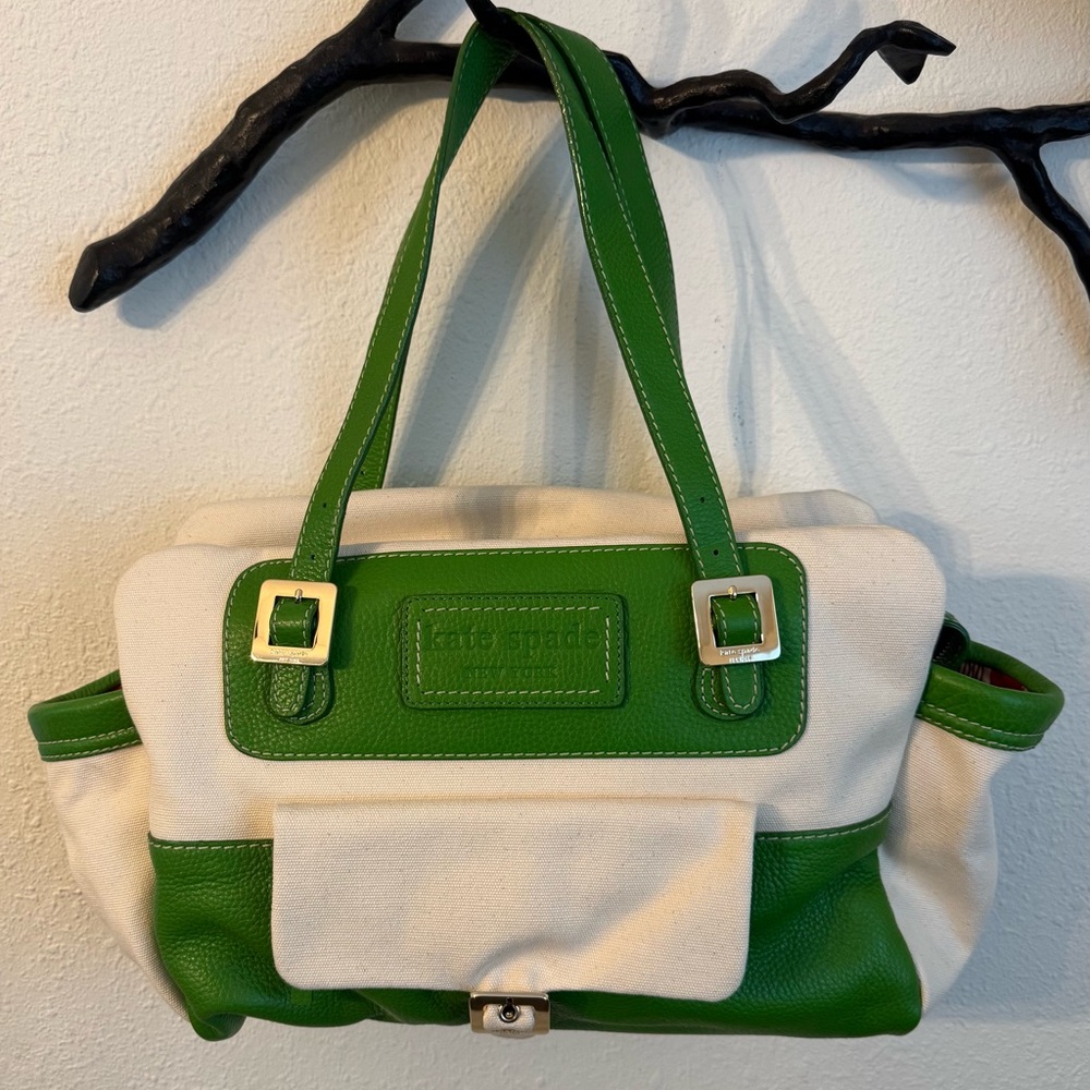 NWT Kate Spade Bridget Green Leather & Canvas Bag circa 2008 - Picture 1 of 15